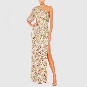 Mac Duggal Beige One Shoulder Floral Embellished Gown Size 6 Cut Out Side Slit